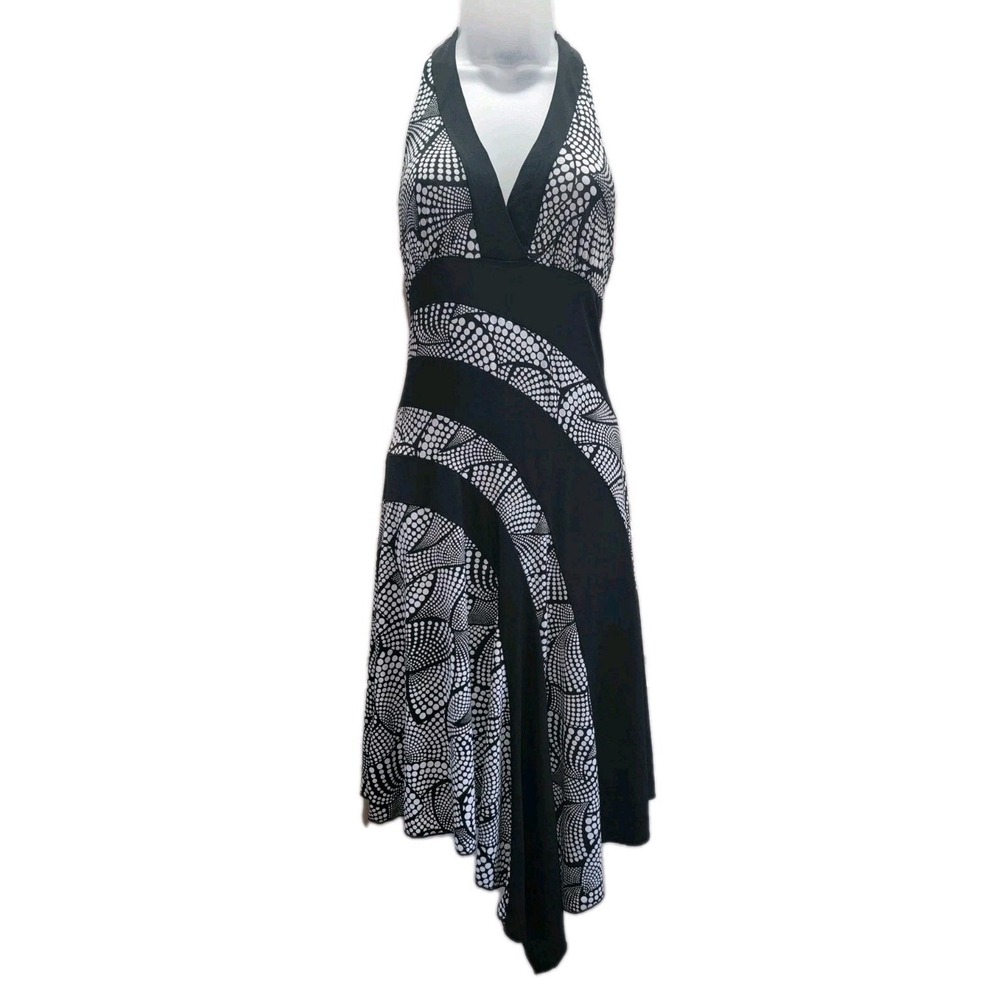 BCX Dress Womens Size Small Black White Halter Midi Abstract Asymmetrical Hem
